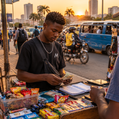 Jovem em Luanda a ganhar renda extra numa pequena banca de rua