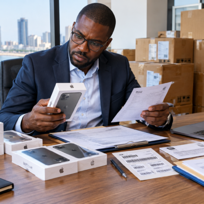 Empresário em Luanda a verificar iPhones e documentos de fornecedor